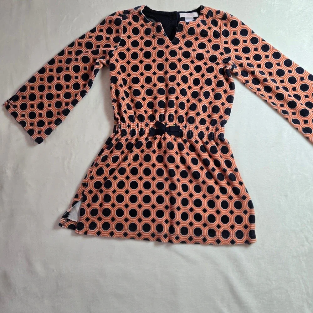 Janie and Jack Girls Size 5 Orange Navy Geometric Honeycomb Terrycloth dress‎